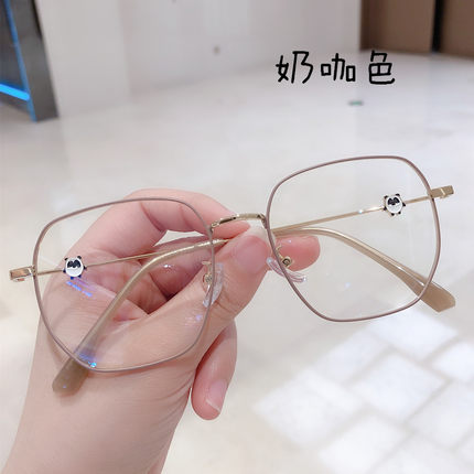 奶咖色超轻眼镜框女潮复古多边形大框配近视防蓝光平光镜圆脸显瘦