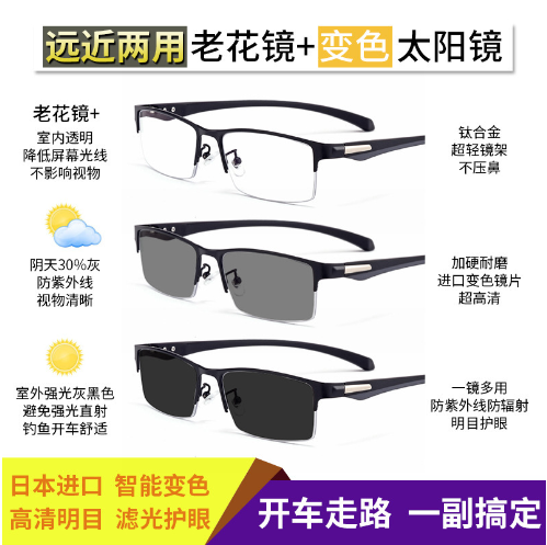 变色老花镜远近两用防蓝光渐进多焦点智能变焦金属商务老花眼镜
